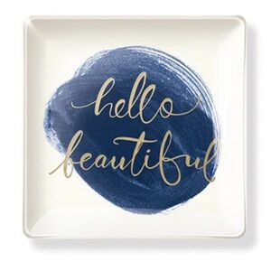 Fringe Studio “Hello Beautiful” Small Glass Trinket Dish Tray Blue & Gold Leaf